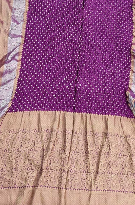 Purple Bandhani Pure Silk Kanjeevaram Border Saree - Luxurion World