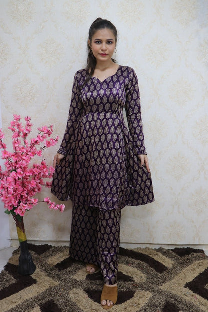 Purple Block Printed Mashru Silk Knee Length Top With Palazzo