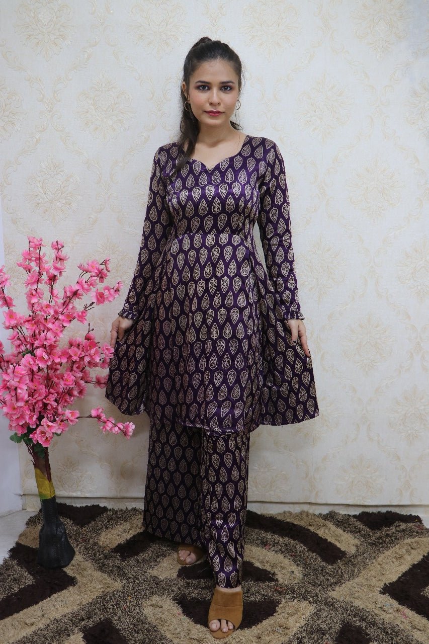 Purple Block Printed Mashru Silk Knee Length Top With Palazzo - Luxurion World