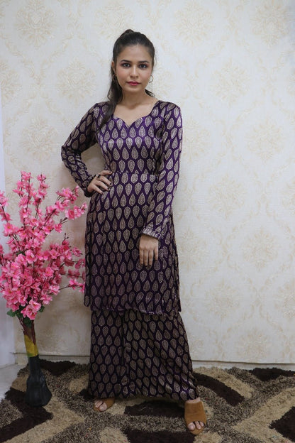 Purple Block Printed Mashru Silk Knee Length Top With Palazzo - Luxurion World