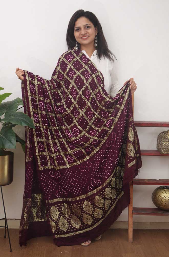 Purple Checks Bandhani Gajji Silk Gharchola Dupatta - Luxurion World