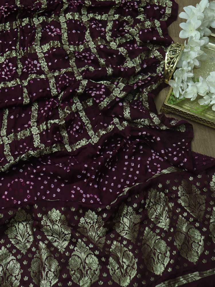 Purple Checks Bandhani Gajji Silk Gharchola Dupatta - Luxurion World