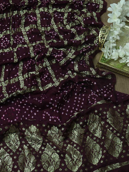 Purple Checks Bandhani Gajji Silk Gharchola Dupatta - Luxurion World