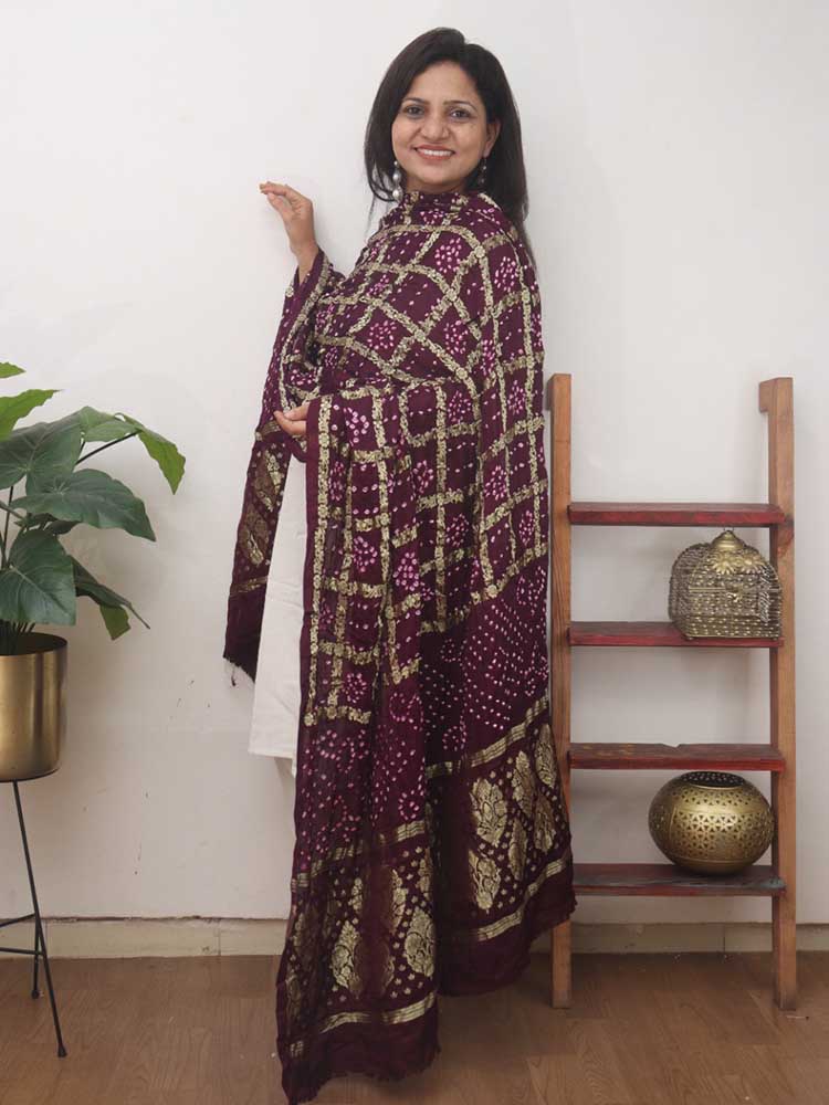 Purple Checks Bandhani Gajji Silk Gharchola Dupatta - Luxurion World