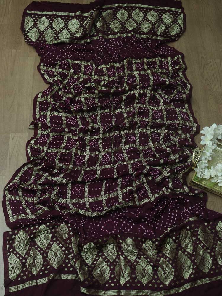 Purple Checks Bandhani Gajji Silk Gharchola Dupatta - Luxurion World