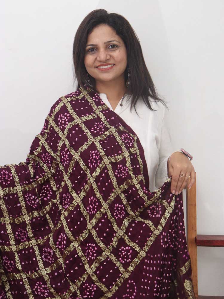 Purple Checks Bandhani Gajji Silk Gharchola Dupatta - Luxurion World