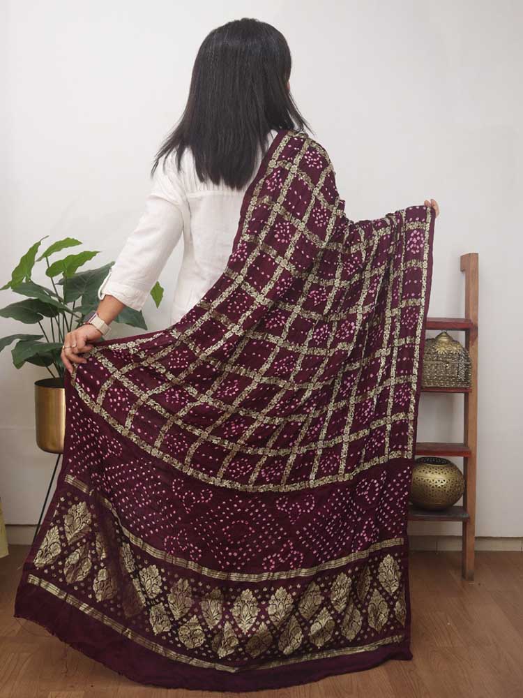 Purple Checks Bandhani Gajji Silk Gharchola Dupatta - Luxurion World