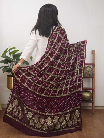 Purple Checks Bandhani Gajji Silk Gharchola Dupatta - Luxurion World