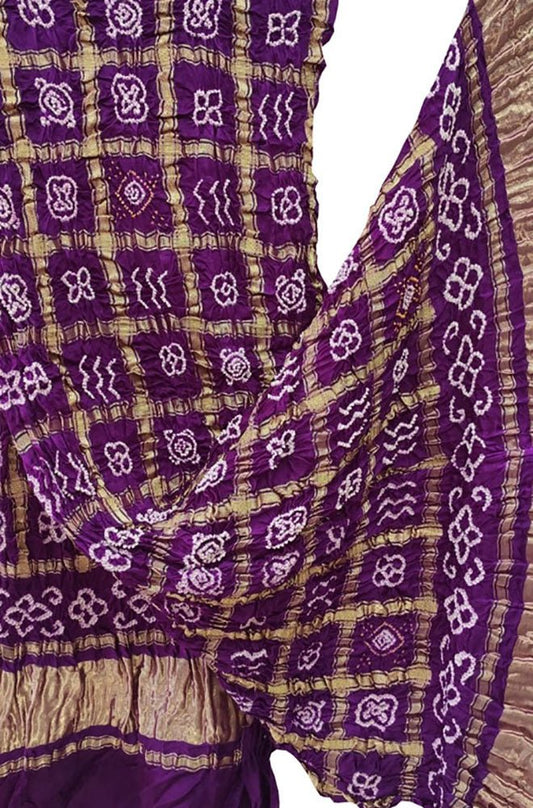 Purple Checks Bandhani Pure Gajji Silk Tissue Border Dupatta - Luxurion World