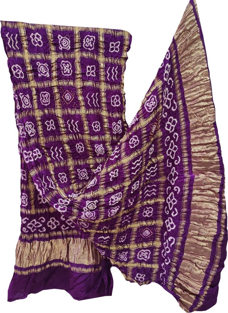 Purple Checks Bandhani Pure Gajji Silk Tissue Border Dupatta - Luxurion World