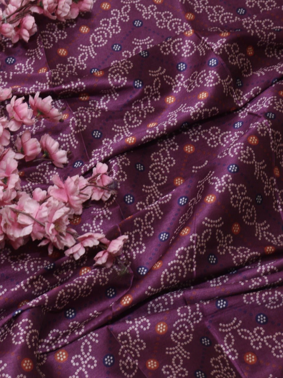 Purple Digital Printed Bandhani Design Tussar Silk Fabric (1Mtr) - Luxurion World