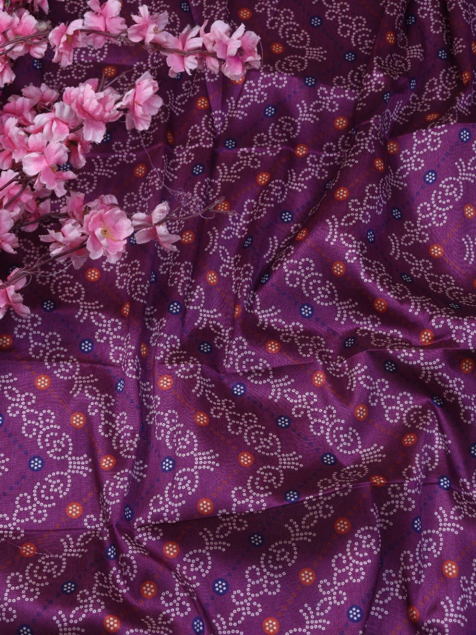 Purple Digital Printed Bandhani Design Tussar Silk Fabric (1Mtr) - Luxurion World