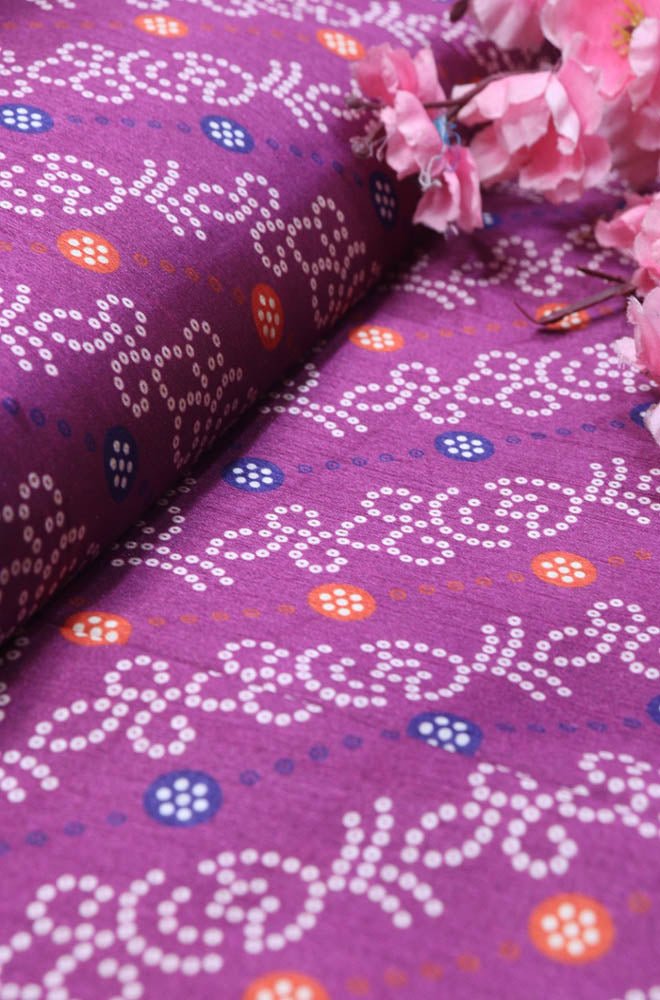 Purple Digital Printed Bandhani Design Tussar Silk Fabric (1Mtr) - Luxurion World