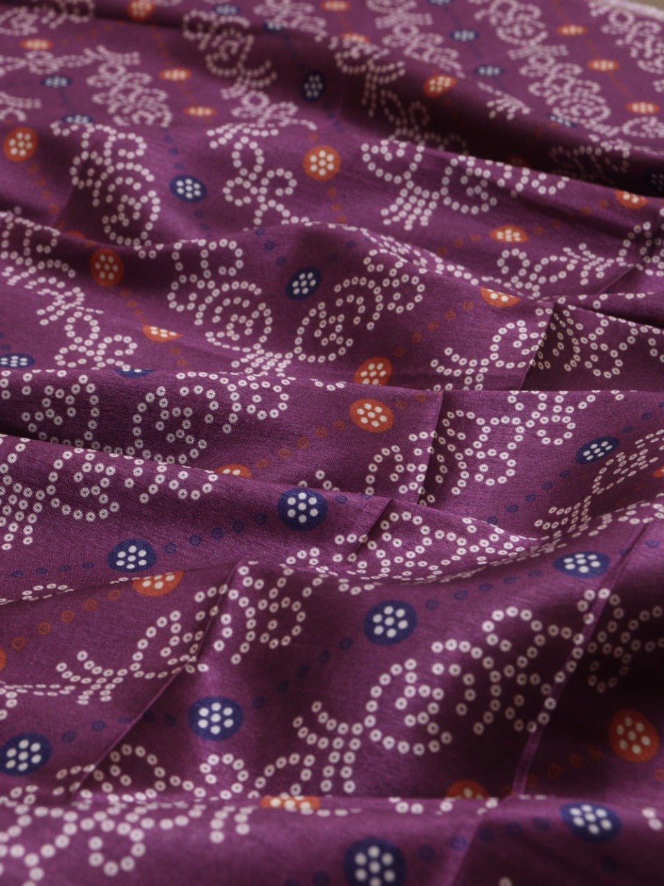 Purple Digital Printed Bandhani Design Tussar Silk Fabric (1Mtr) - Luxurion World