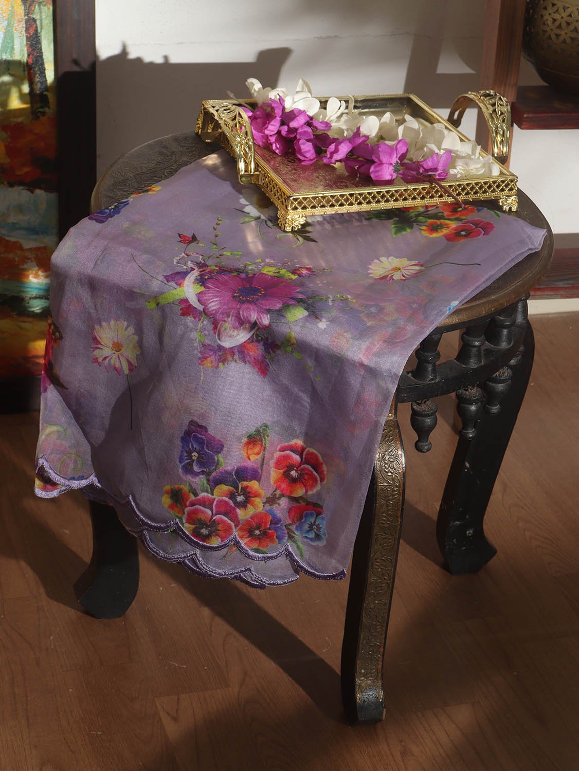 Purple Digital Printed Organza Silk Dupatta With Scalloped Border - Luxurion World