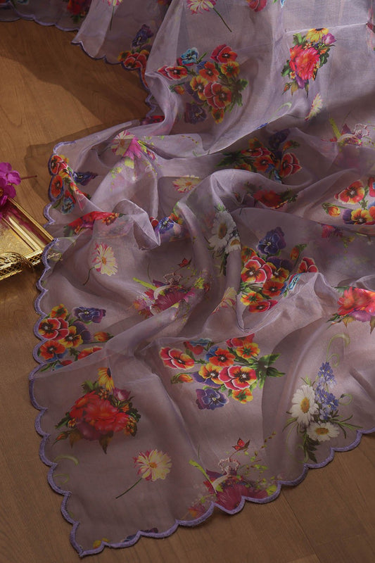 Purple Digital Printed Organza Silk Dupatta With Scalloped Border - Luxurion World