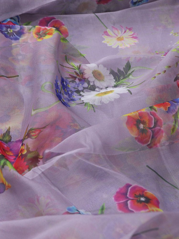 Purple Digital Printed Organza Silk Floral Design Fabric ( 1 Mtr ) - Luxurion World