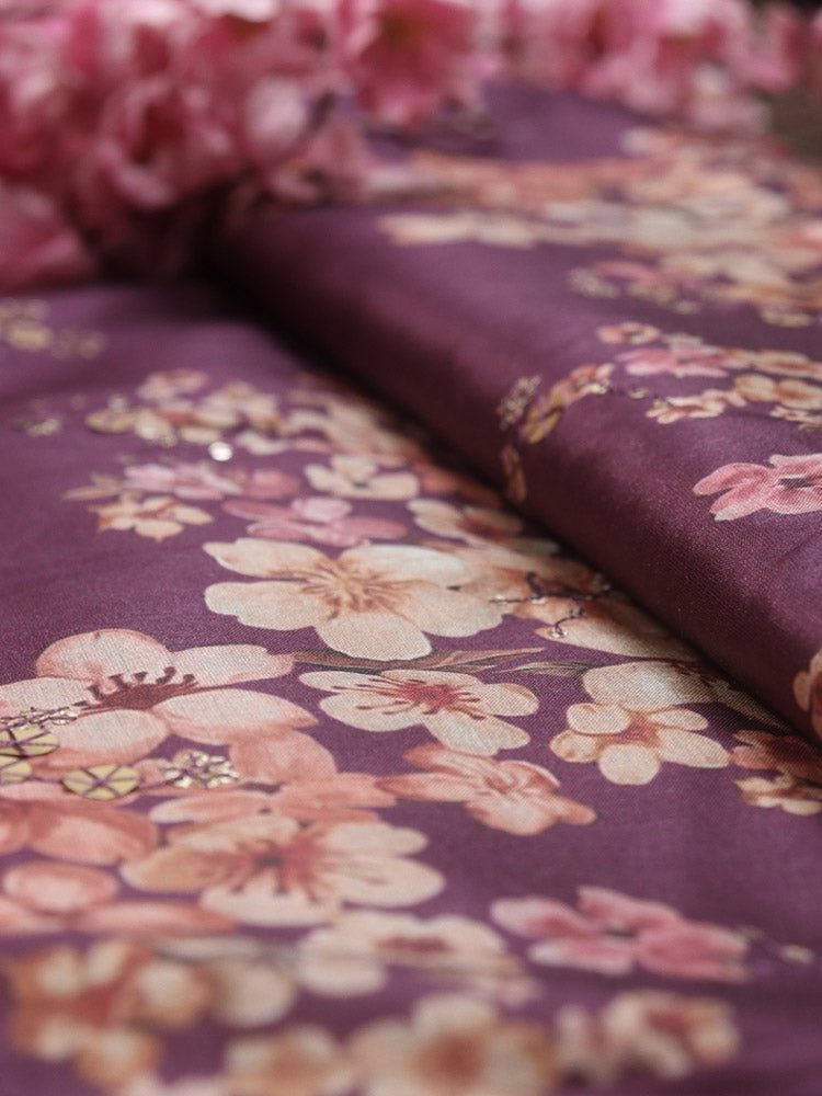 Purple Digital Printed Silk Fabric (1 Mtr )
