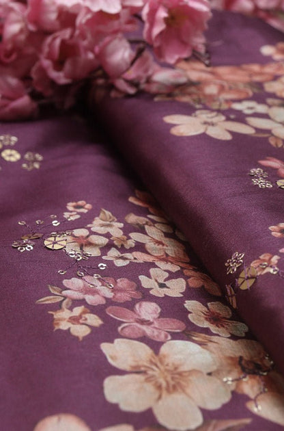 Purple Digital Printed Silk Fabric (1 Mtr )