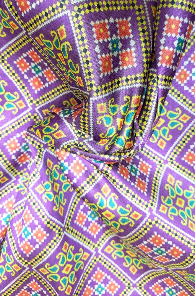 Purple Digital Printed Tussar Silk Patola Design Fabric ( 1 Mtr )