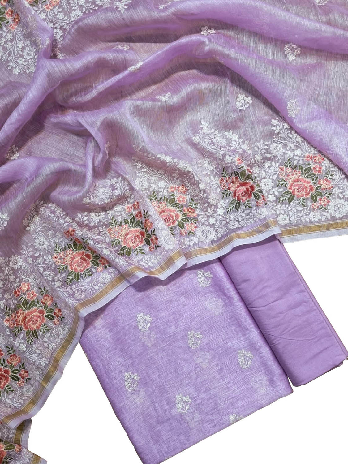 Purple Embroidered Banarasi Linen Silk Three Piece Unstitched Suit Set - Luxurion World