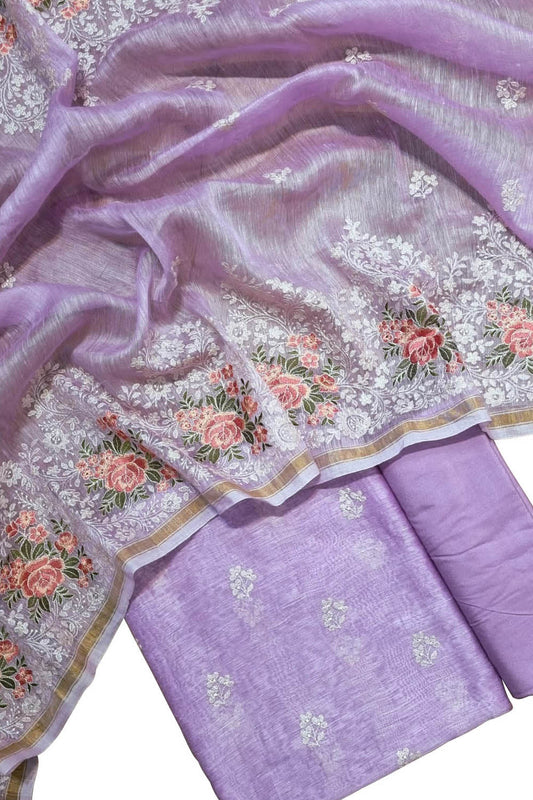 Purple Embroidered Banarasi Linen Silk Three Piece Unstitched Suit Set