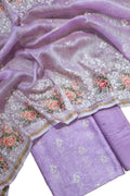 Purple Embroidered Banarasi Linen Silk Three Piece Unstitched Suit Set - Luxurion World