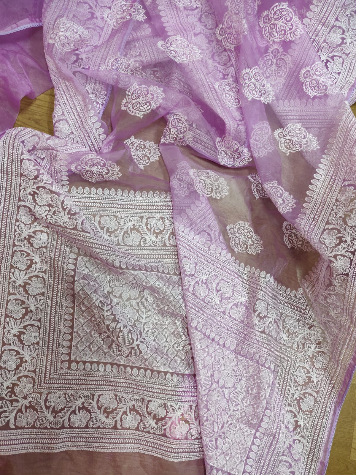Purple Embroidered Chikankari Organza Silk Saree - Luxurion World