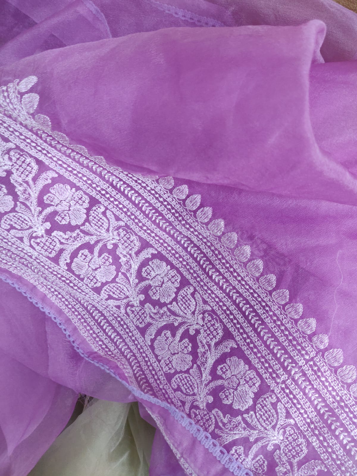 Purple Embroidered Chikankari Organza Silk Saree - Luxurion World