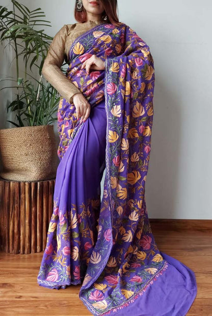 Purple Embroidered Kashmiri Aari Work Georgette Floral Design Saree - Luxurion World