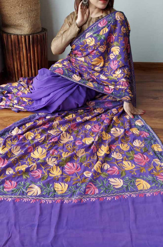 Purple Embroidered Kashmiri Aari Work Georgette Floral Design Saree