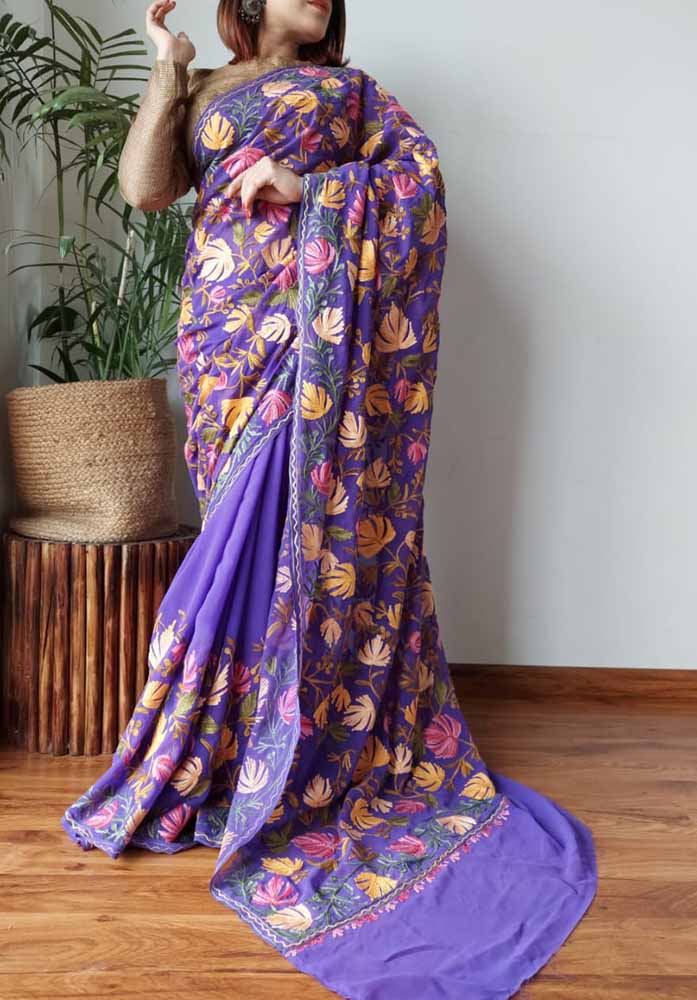Purple Embroidered Kashmiri Aari Work Georgette Floral Design Saree Luxurionworld