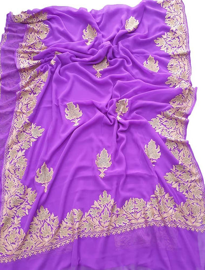 Purple Embroidered Kashmiri Aari Work Georgette Saree - Luxurion World