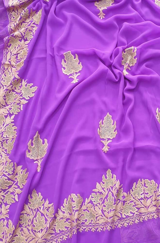 Purple Embroidered Kashmiri Aari Work Georgette Saree - Luxurion World