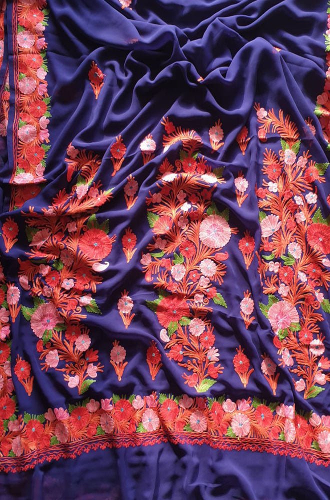 Purple Embroidered Kashmiri Aari Work Georgette Saree - Luxurion World