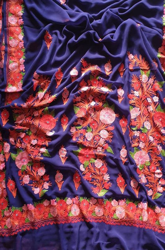 Purple Embroidered Kashmiri Aari Work Georgette Saree - Luxurion World