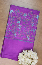 Purple Embroidered Kashmiri Sozni Work Pure Silk Saree - Luxurion World