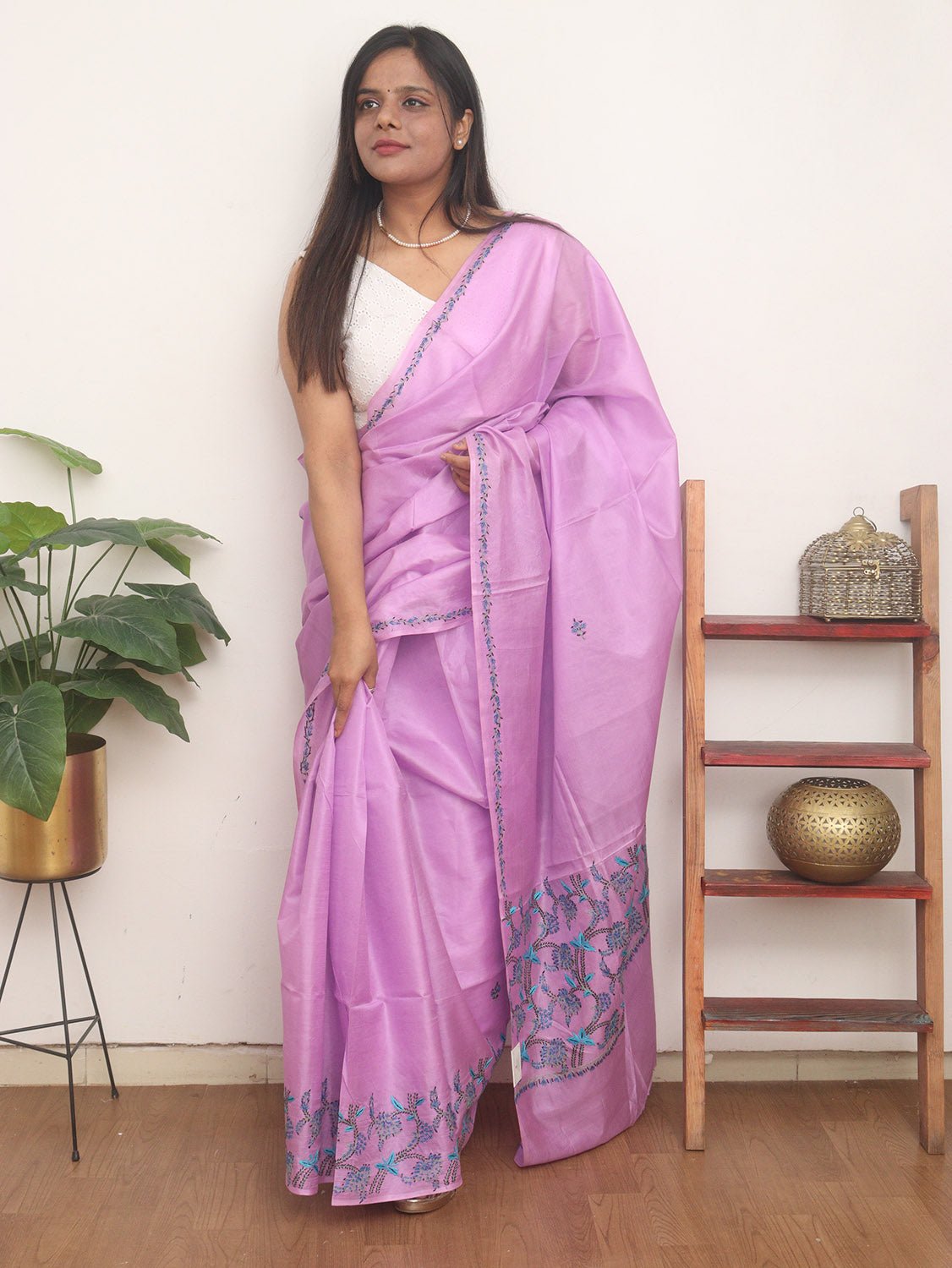 Purple Embroidered Kashmiri Sozni Work Pure Silk Saree - Luxurion World