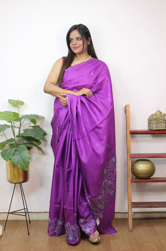 Purple Embroidered Kashmiri Sozni Work Pure Silk Saree - Luxurion World