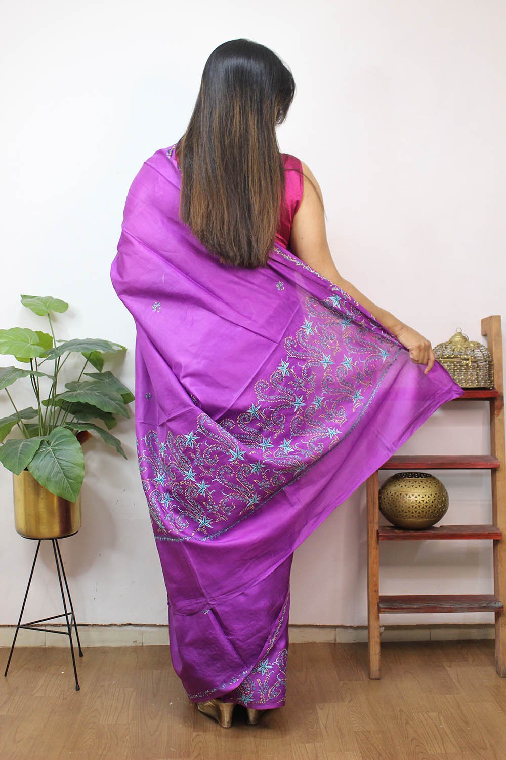 Purple Embroidered Kashmiri Sozni Work Pure Silk Saree - Luxurion World