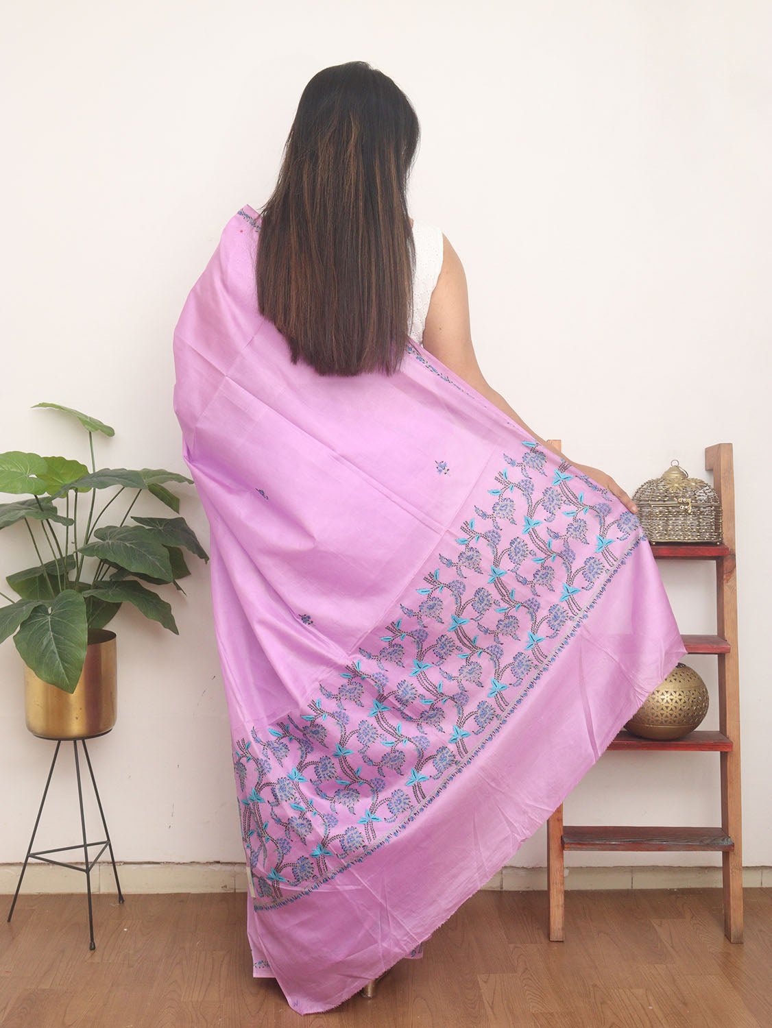 Purple Embroidered Kashmiri Sozni Work Pure Silk Saree - Luxurion World