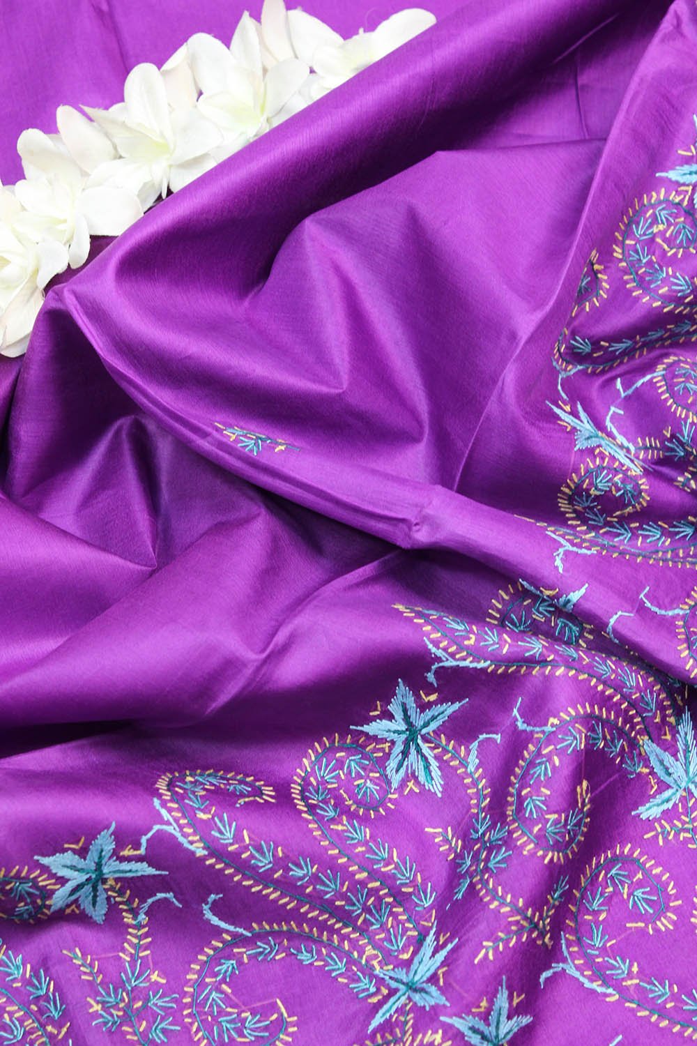 Purple Embroidered Kashmiri Sozni Work Pure Silk Saree - Luxurion World