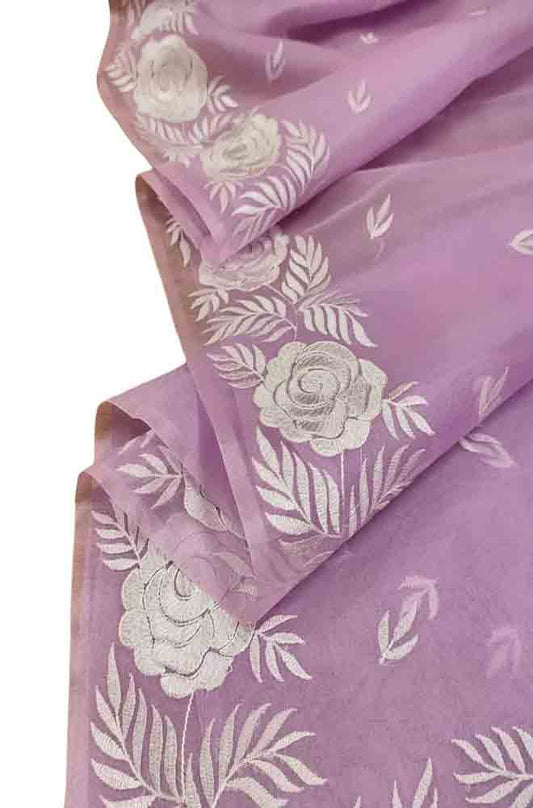 Purple Embroidered Kota Organza Silk Floral Design Saree