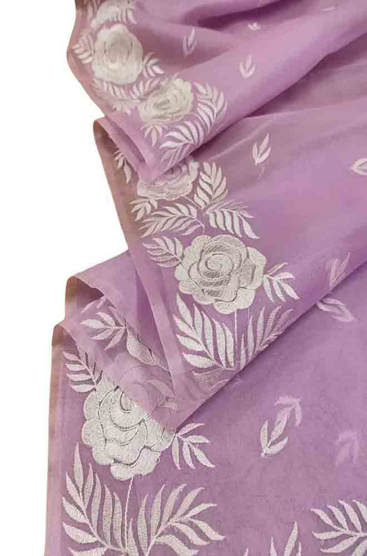 Purple Embroidered Kota Organza Silk Floral Design Saree - Luxurion World