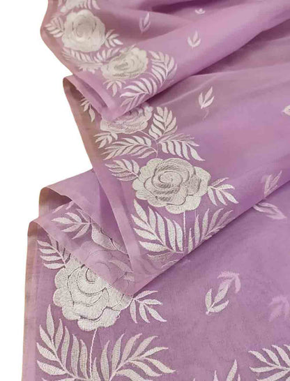 Purple Embroidered Kota Organza Silk Floral Design Saree - Luxurion World