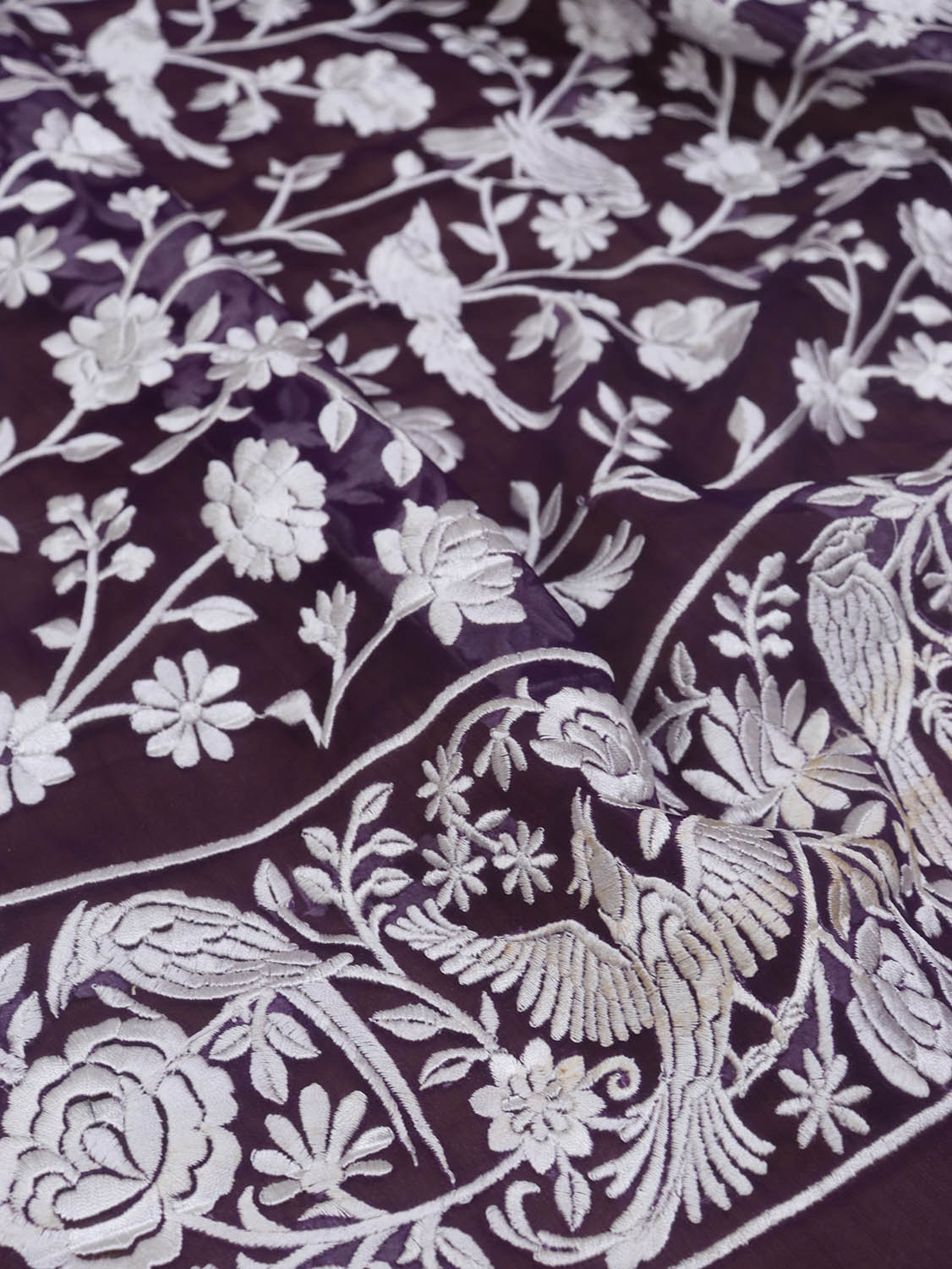 Purple Embroidered Parsi Gara Organza Bird And Floral Design Saree