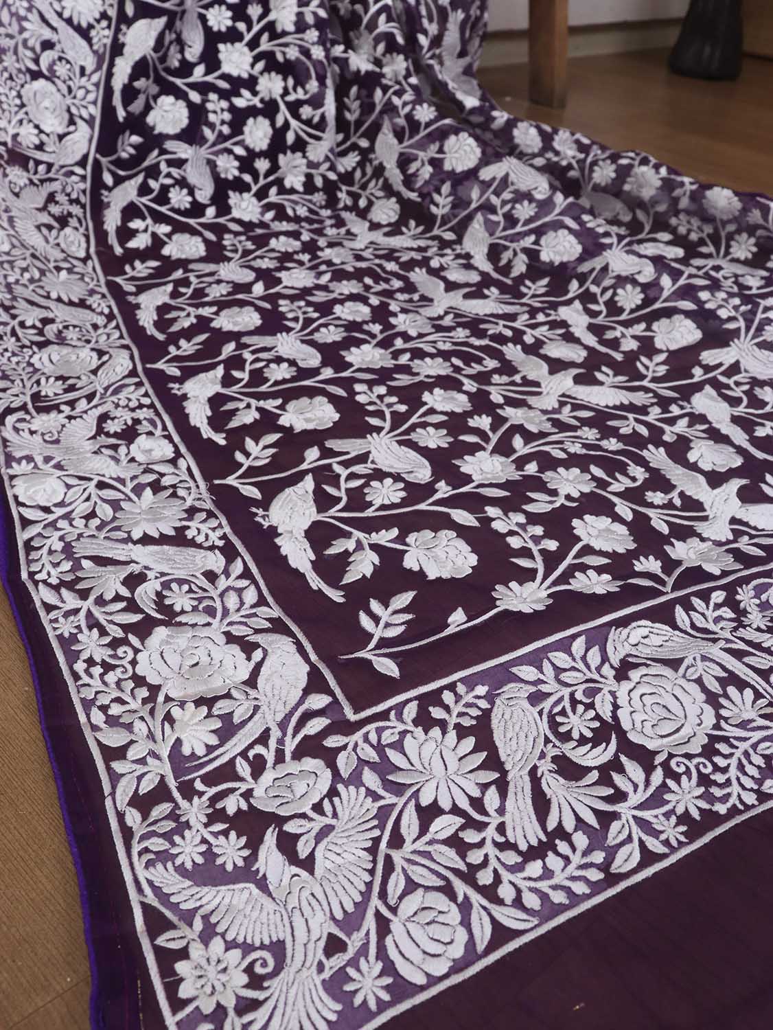 Purple Embroidered Parsi Gara Organza Bird And Floral Design Saree - Luxurion World