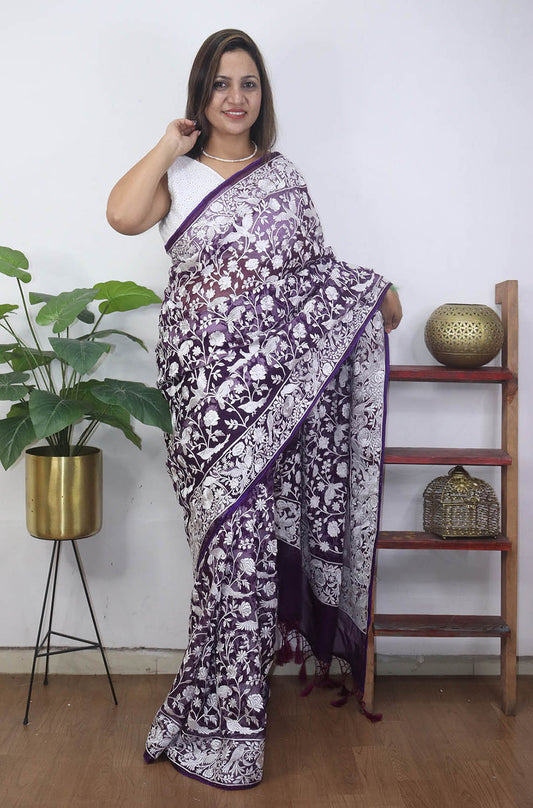 Purple Embroidered Parsi Gara Organza Bird And Floral Design Saree - Luxurion World