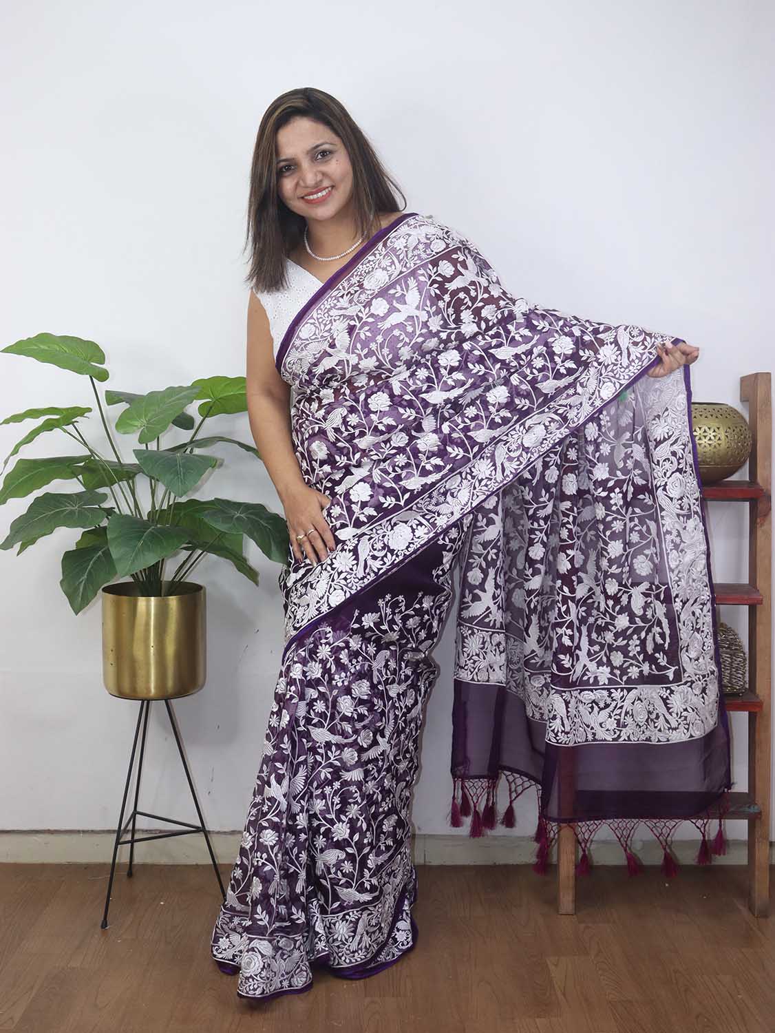 Purple Embroidered Parsi Gara Organza Bird And Floral Design Saree - Luxurion World