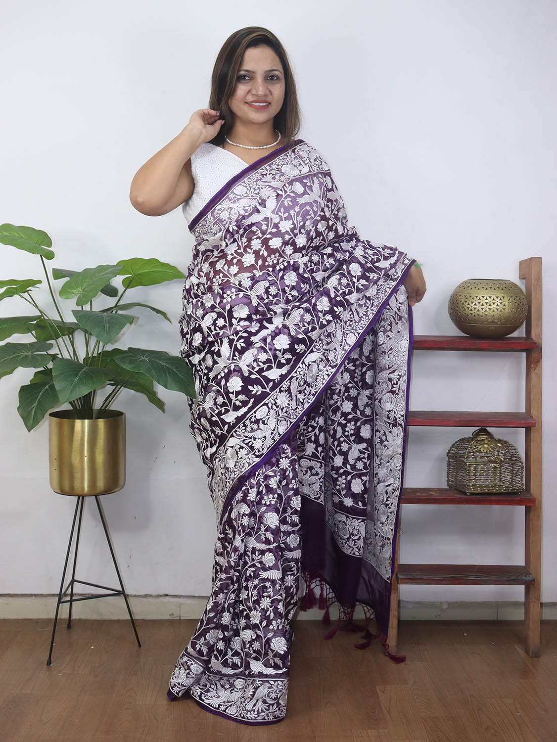 Purple Embroidered Parsi Gara Organza Bird And Floral Design Saree - Luxurion World